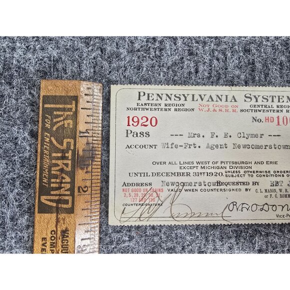1920 Pennsylvania System Railroad Pass Mrs. F.E. Clymer Newcomerstown OH - Picture 3 of 4